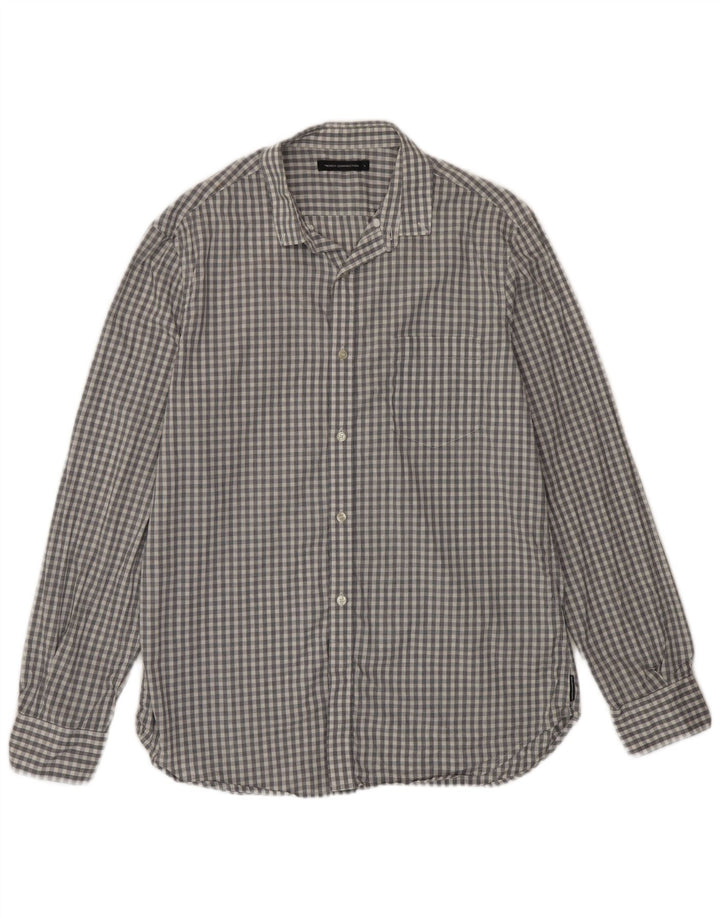 French Connection Herren-Hemd, groß, graue Gingham-Baumwolle