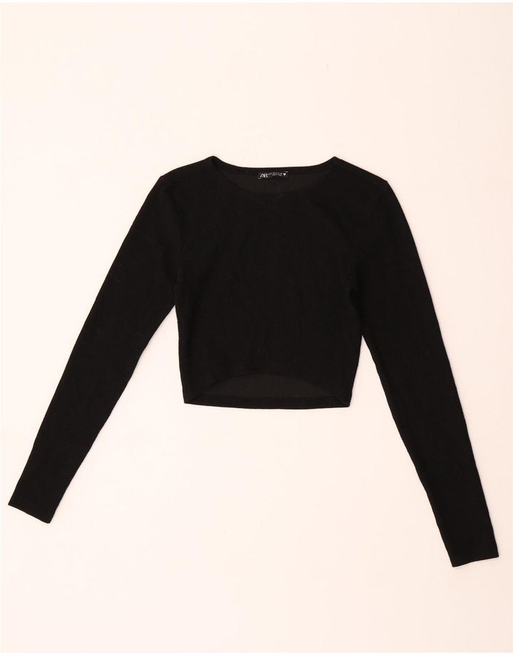 Zara Damen Crop Top Langarm UK 12 Medium Schwarz Polyester