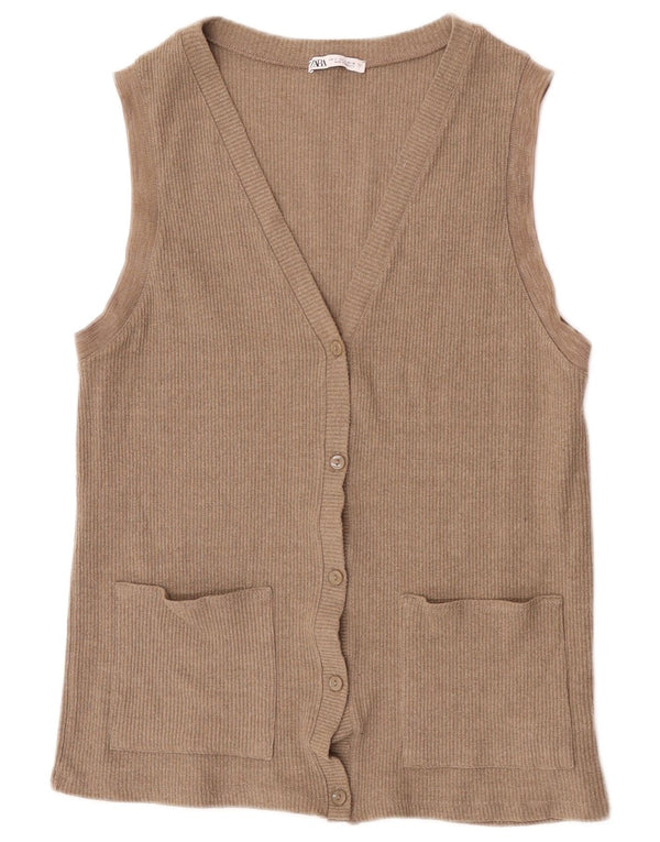 Ärmelloser Damen-Cardigan von Zara, Gr. 10, Small, Beige, Acryl
