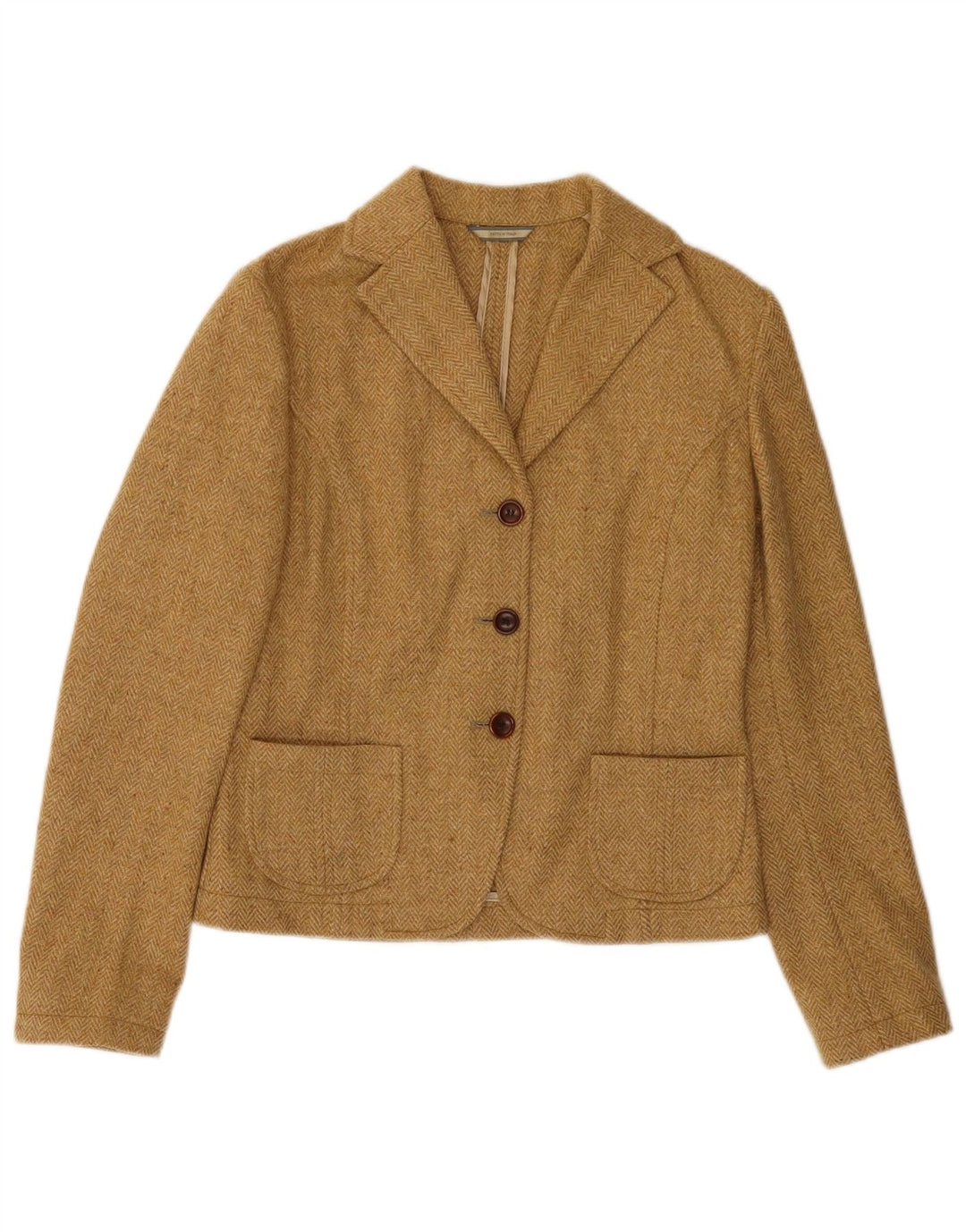 FLANNEL BAY Damen-Blazerjacke mit 3 Knöpfen, IT 44, mittelbeige mit Fischgrätenmuster
