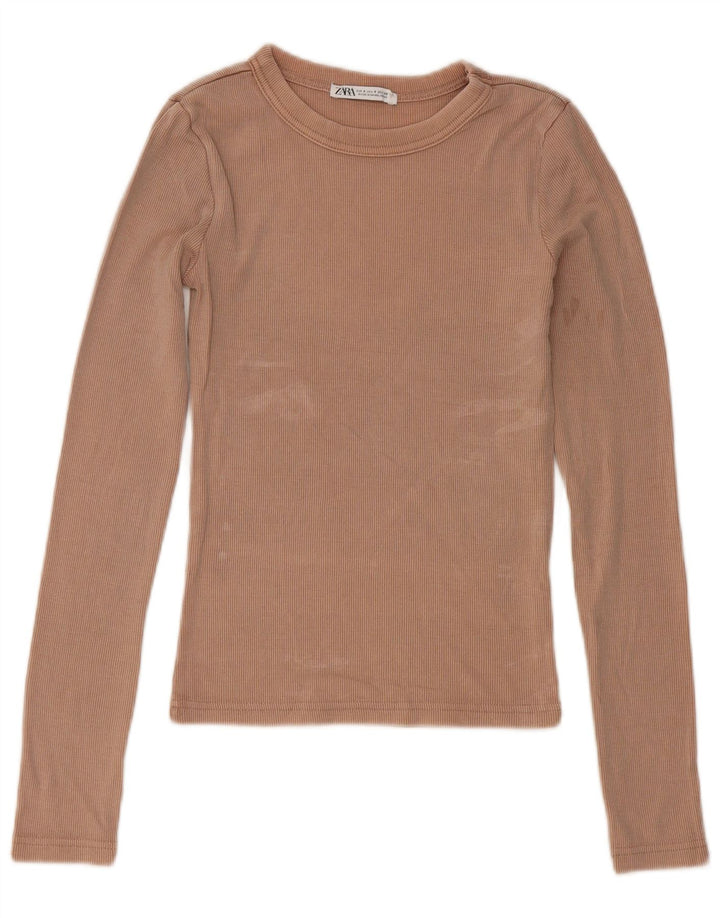 Zara Damen Top Langarm UK 8 Small Beige Baumwolle