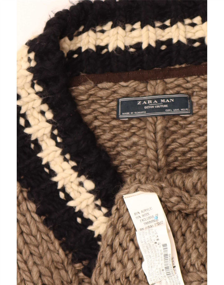 Zara Herren-Pullover mit V-Ausschnitt, großes braun gestreiftes Acryl