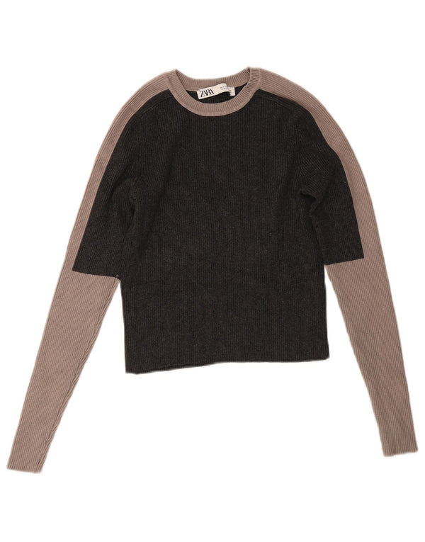 Zara Damen Crop Top Langarm UK 12 Mittelgraue Colourblock-Viskose