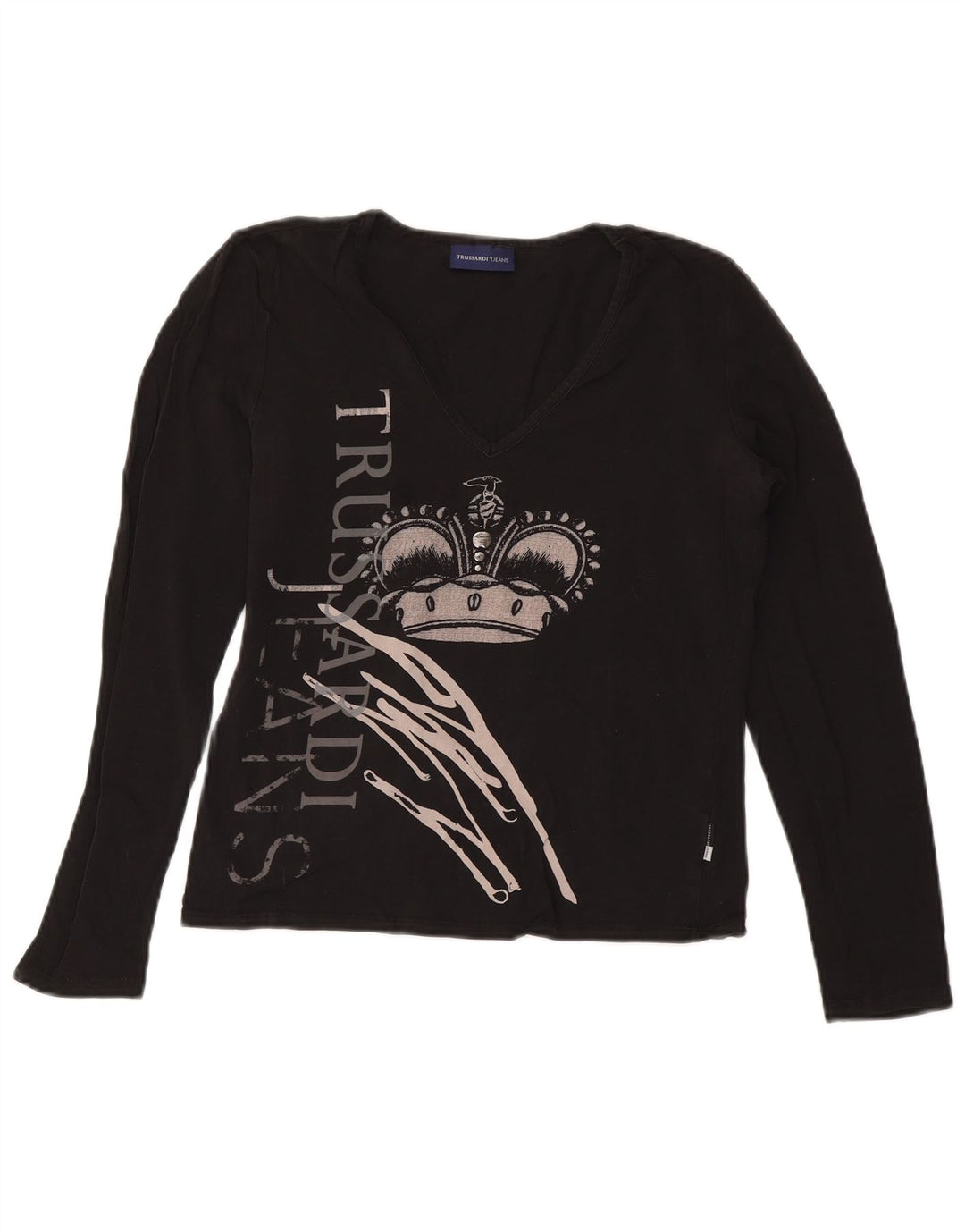 TRUSSARDI JEANS Damen Crop Graphic Top Langarm UK 14 Large Schwarz