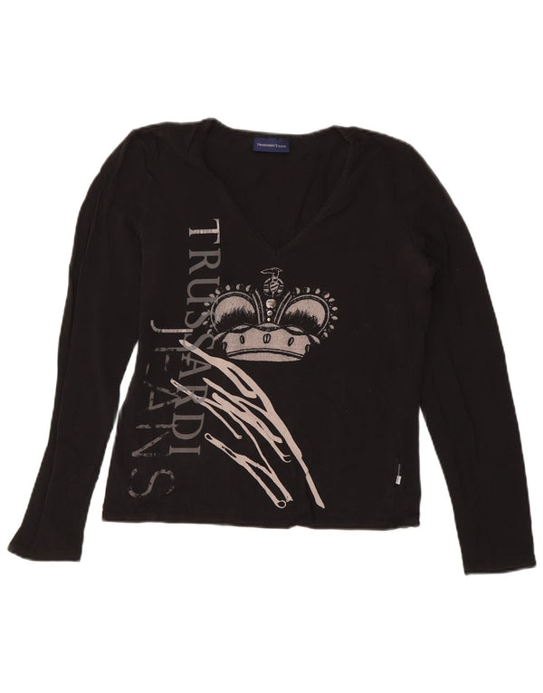 TRUSSARDI JEANS Damen Crop Graphic Top Langarm UK 14 Large Schwarz