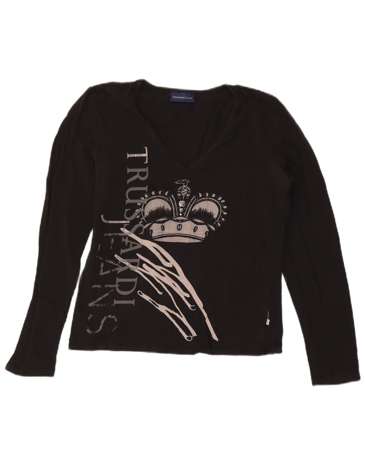 TRUSSARDI JEANS Damen Crop Graphic Top Langarm UK 14 Large Schwarz