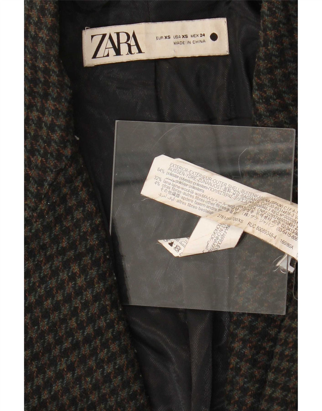 Zara Damen Übergroßer Mantel UK 6 XS Schwarzer Hahnentritt-Polyester