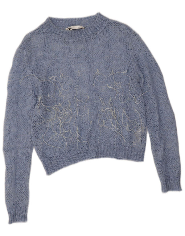 Zara Womens See Through Crop Crew Neck Pullover Pullover UK 10 Small Blue