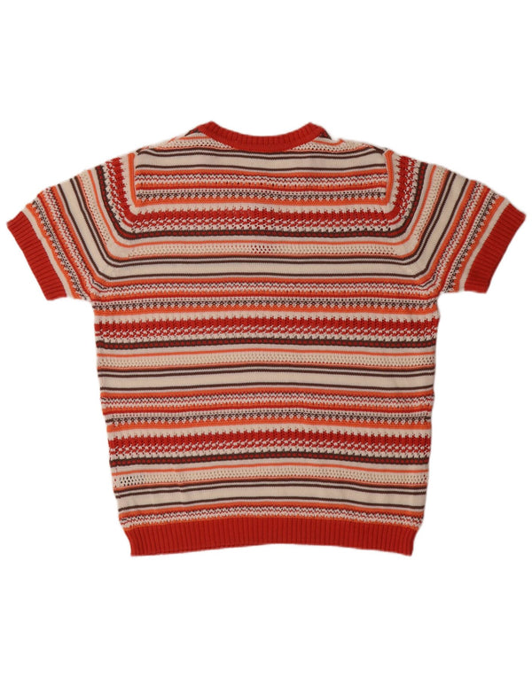 Vintage Damen Kurzärmeliger Pullover mit Knopfhalsausschnitt UK 18 XL Rot gestreift