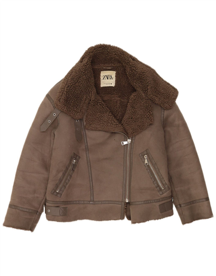 Zara Damen Sherpa Übergroße Bikerjacke UK 10 Small Braun