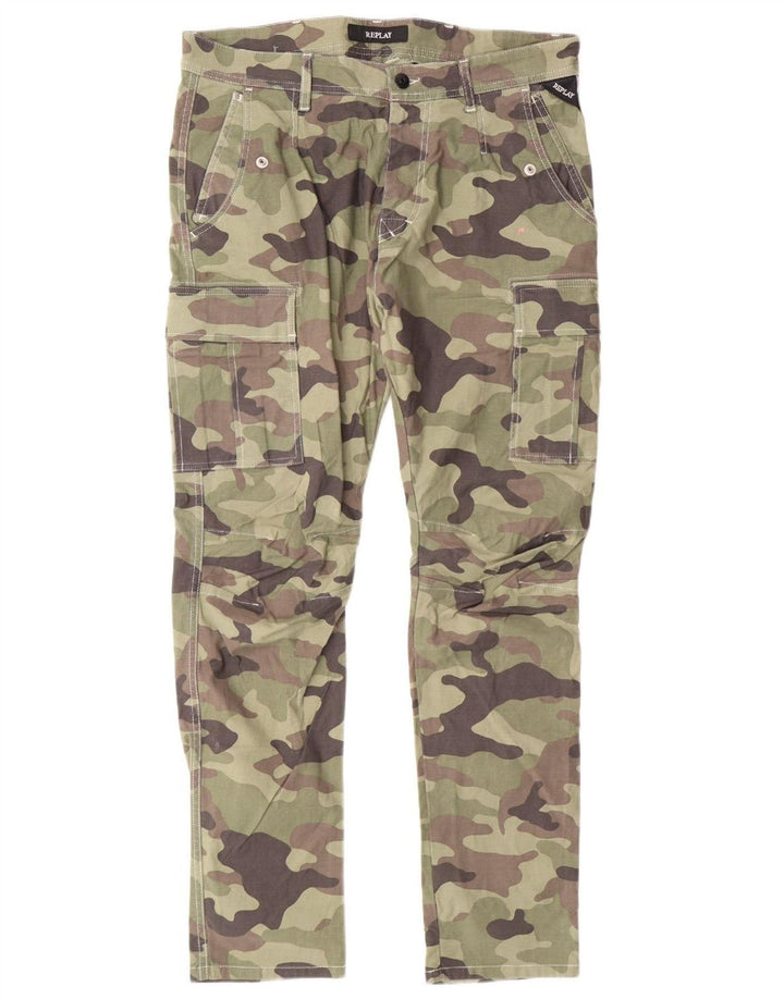 REPLAY Slim-Cargohose für Herren, W33, L29, grüne Camouflage-Baumwolle