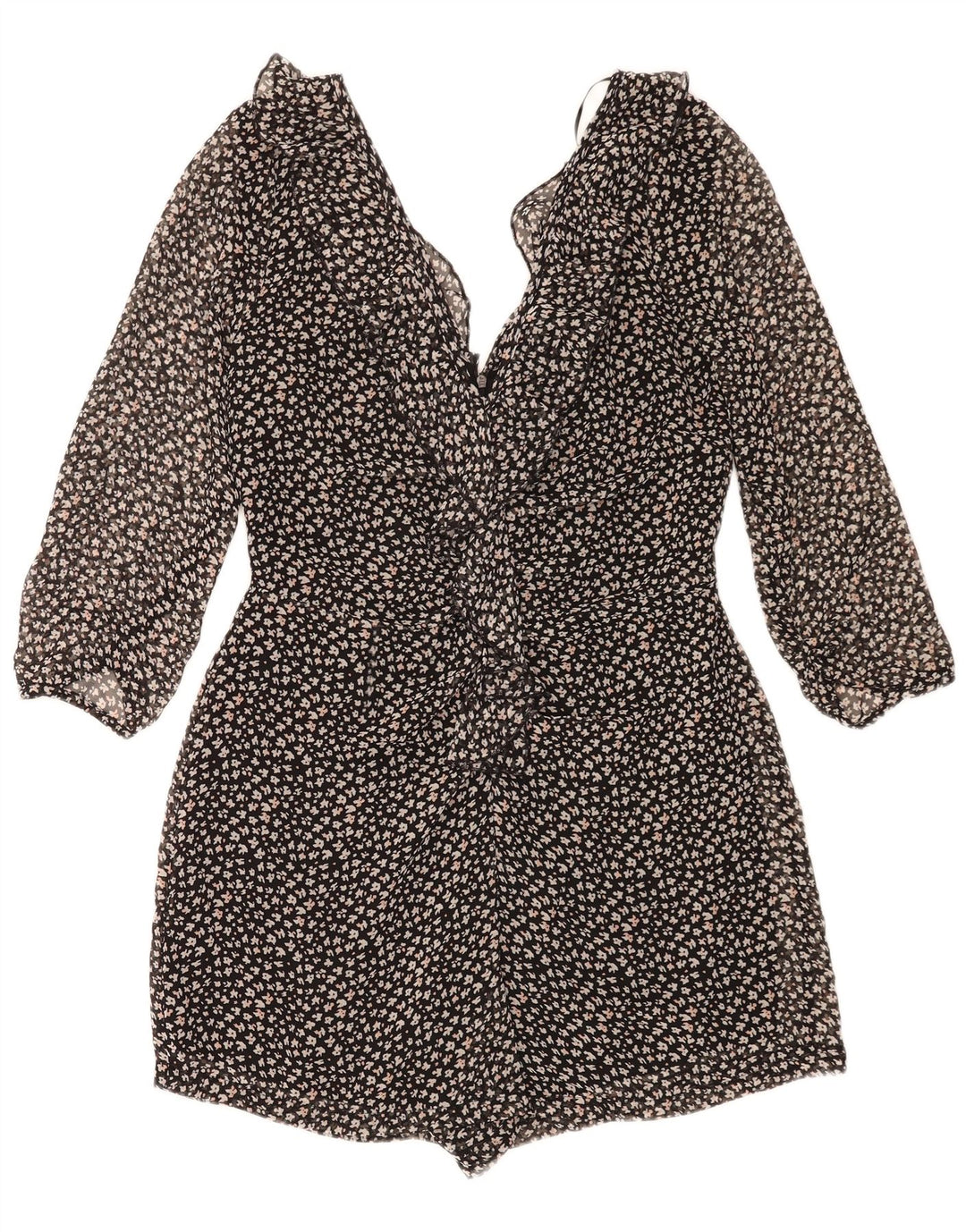 Zara Damen Playsuit mit 3/4-Ärmeln, UK 14, Größe L, Schwarz, Blumenmuster, Polyester