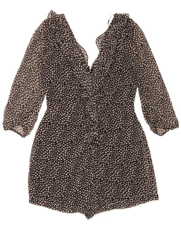 Zara Damen Playsuit mit 3/4-Ärmeln, UK 14, Größe L, Schwarz, Blumenmuster, Polyester