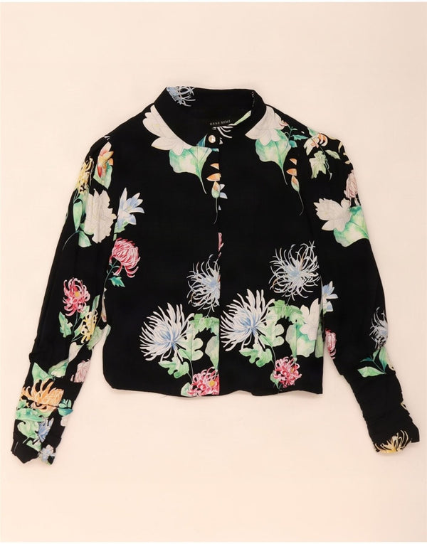 Zara Damen Crop Langarm-Blusenoberteil UK 10 Kleine schwarze Viskose mit Blumenmuster