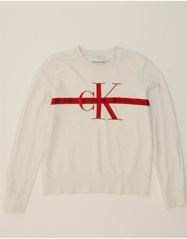 CALVIN KLEIN JEANS Womens Graphic Sweatshirt Jumper UK 14 Medium White Vintage Calvin Klein Jeans and Second-Hand Calvin Klein Jeans from Messina Hembry 