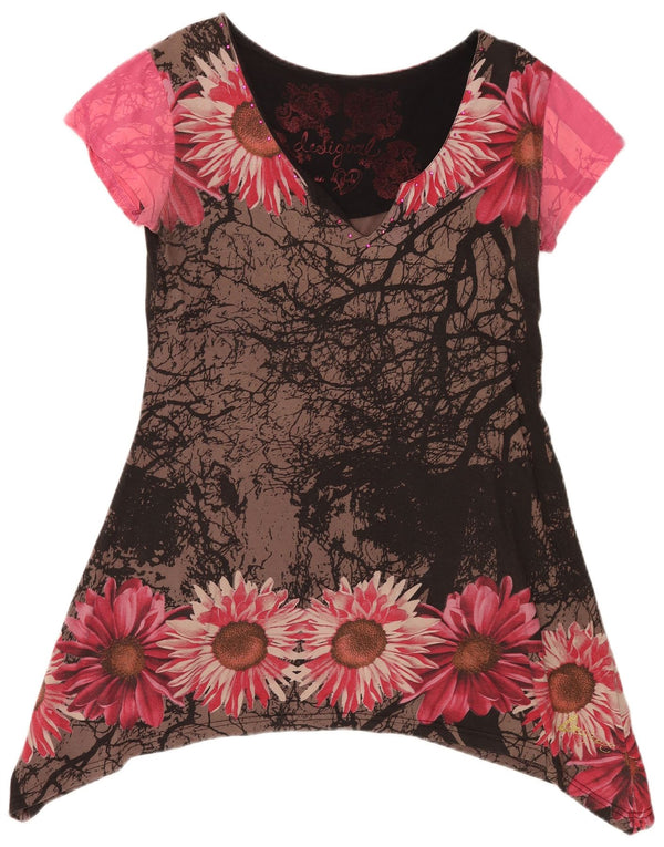 Desigual Damen Grafik-Tunika-Top UK 18 XL Schwarz geblümte Baumwolle