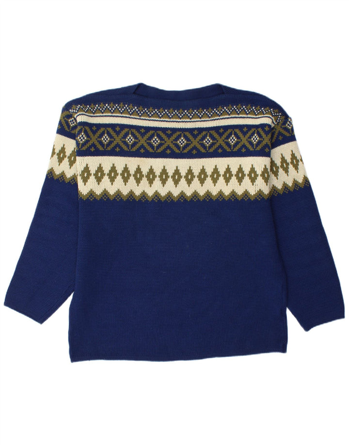 VINTAGE Herren-Pullover mit U-Boot-Ausschnitt, mittleres Marineblau, Fair Isle