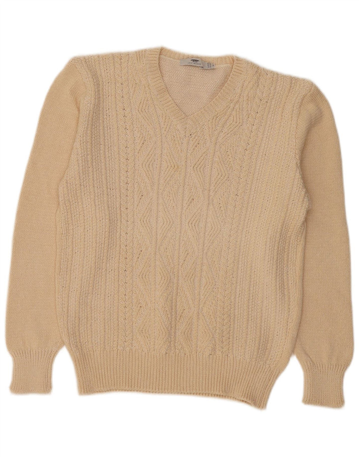 Inis Meain Damen-Pullover mit V-Ausschnitt, Gr. 14, Mittelbeige, Argyle/Diamant