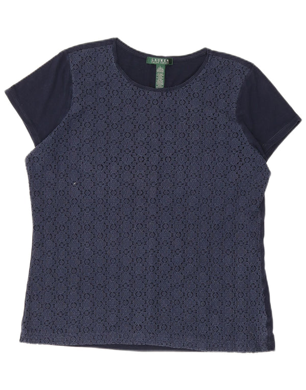 Ralph Lauren Damen T-Shirt Top UK 14 Large Marineblau mit Blumenmuster aus Baumwolle