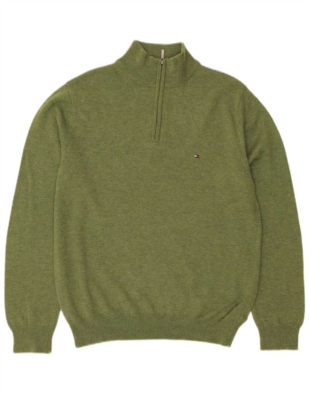 Tommy Hilfiger Herren-Pullover mit Reißverschluss am Hals, mittelgrüne Lammwolle