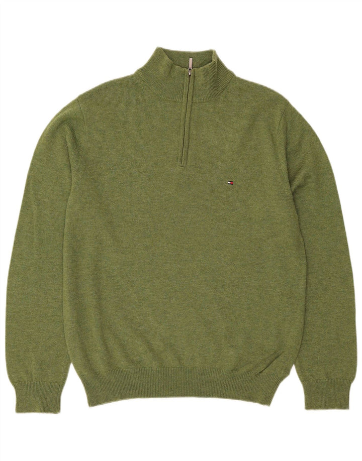 Tommy Hilfiger Herren-Pullover mit Reißverschluss am Hals, mittelgrüne Lammwolle