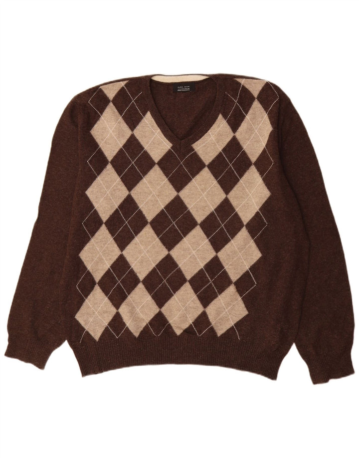 Zara Herren-Pullover mit V-Ausschnitt, groß, braune Argyle-/Diamantwolle