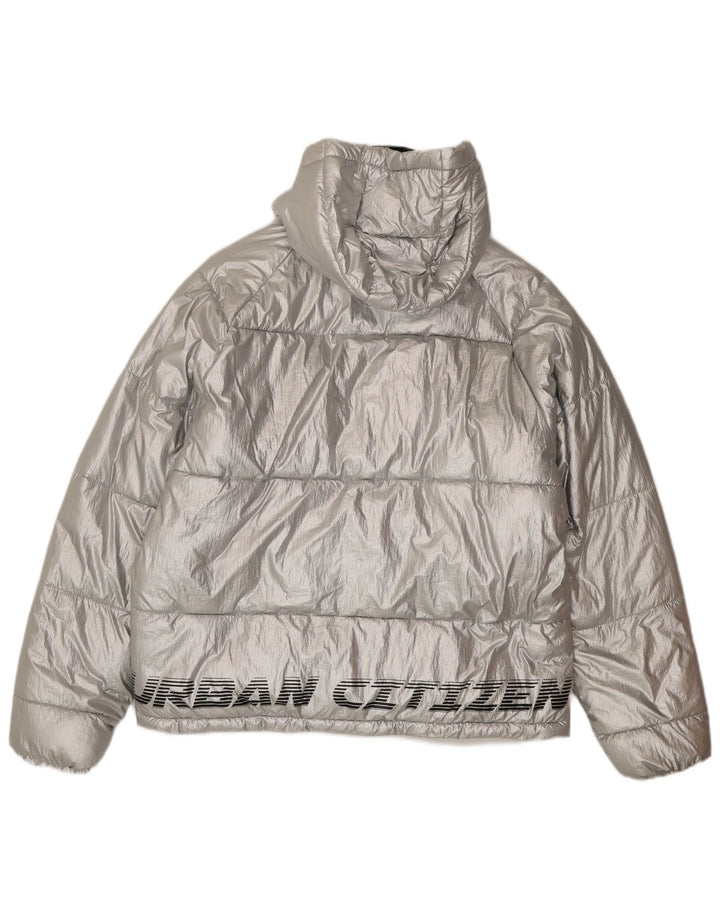 Zara Damen Übergroße, grafische Kapuzenjacke, wattiert, EU 38, klein, silberfarbenes Nylon