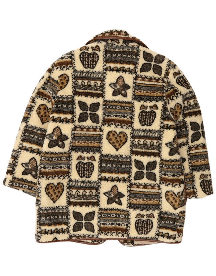 Vintage Damen Grafik Fleece Dufflecoat UK 14 Large Beige Patchwork
