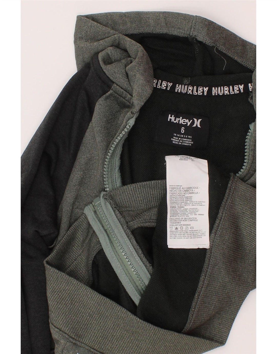Hurley Jungen-Kapuzenpullover mit grafischem Reißverschluss, 5–6 Jahre, graues Farbblock-Polyester