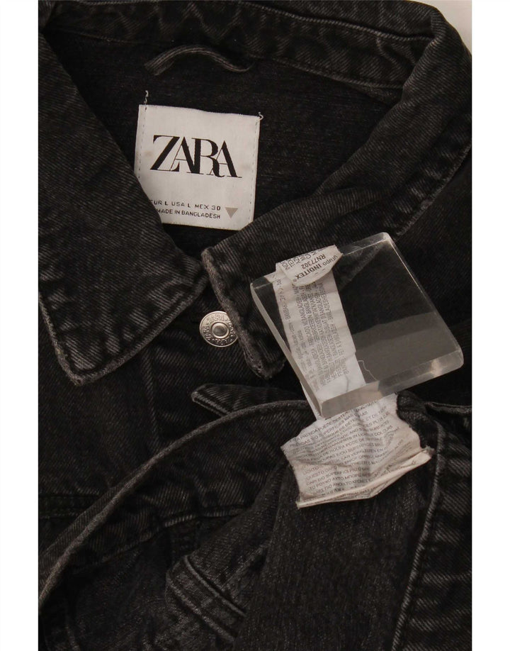 Zara Damen Crop Denim Jacke UK 16 Large Schwarze Baumwolle