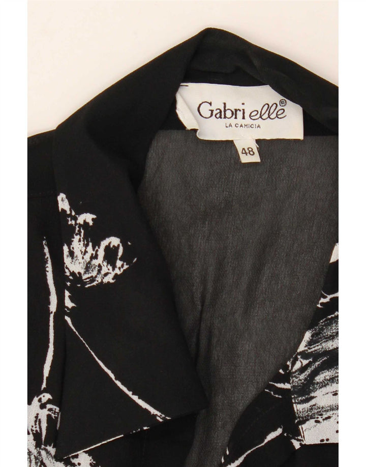 Vintage Damen abstraktes Muster 1/2 Ärmel Hemdbluse IT 48 XL Schwarz