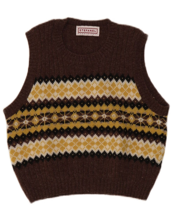 Stefanel Damen Crop Vest Tank Top UK 10 Small Brown Fair Isle Wolle