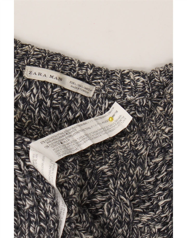 Zara Herren-Pullover mit U-Boot-Ausschnitt, groß, grau gefleckte Baumwolle