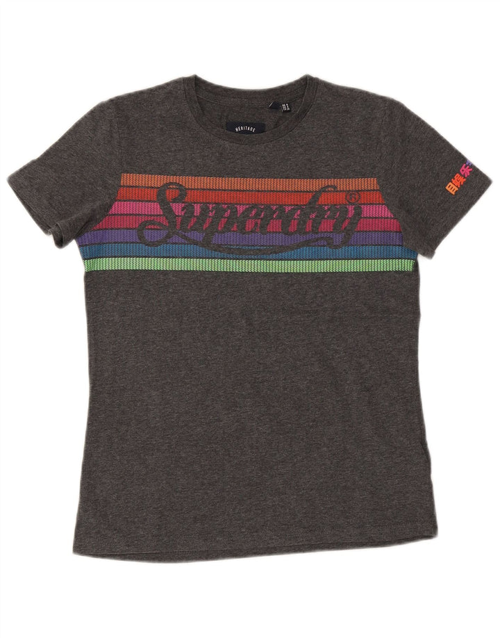 SUPERDRY Damen Heritage Graphic T-Shirt Top UK 8 Small Grau Baumwolle