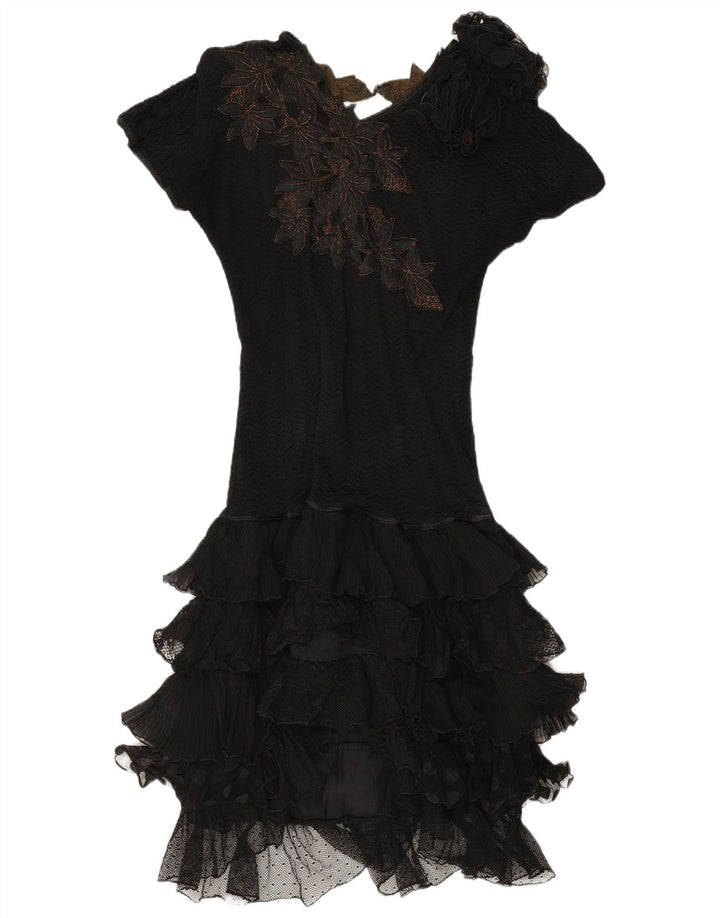 Vintage Damen-Stufenkleid UK 12 Mittelschwarz geblümt