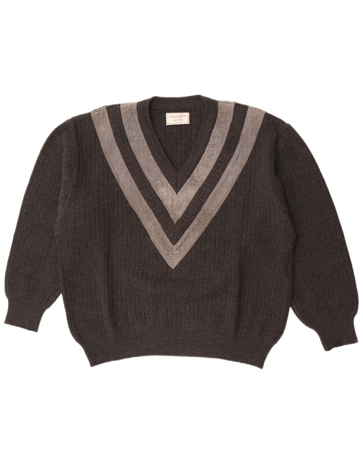 Malagrida Herren-Pullover mit V-Ausschnitt, XL, grau gestreift