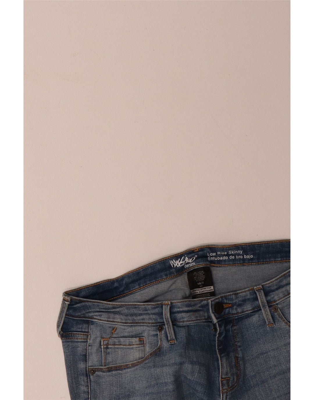 MOSSIMO Damen-Jeans mit niedriger Taille, Röhrenjeans, US 14, Größe L, W34, L28, blaue Baumwolle
