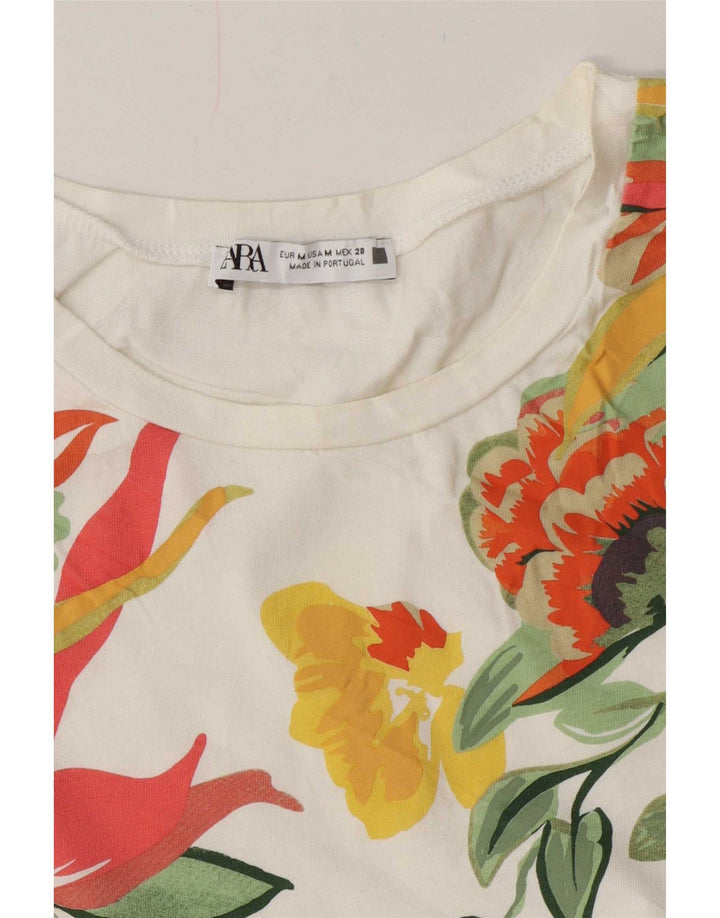 Zara Damen Grafik-T-Shirt-Oberteil UK 14 Mittelweiß geblümt