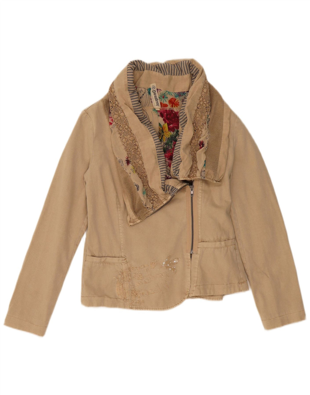 Desigual Damen Crop Bomberjacke EU 36 Small Beige Colourblock Baumwolle