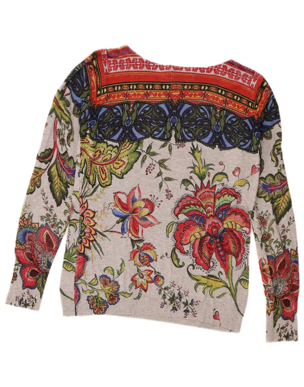 Desigual Damen-Pullover mit grafischem U-Boot-Ausschnitt, Gr. 14, großes Grau mit Blumenmuster