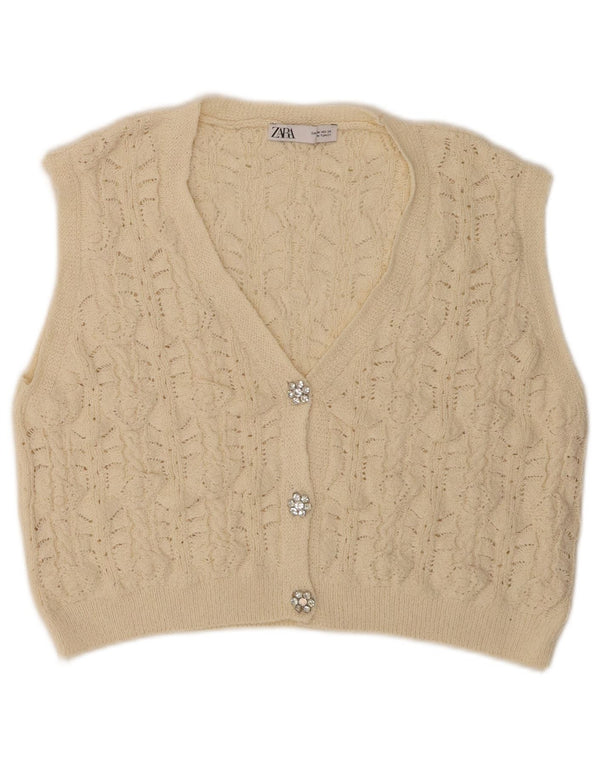 ZARA Damen Crop Ärmelloser Cardigan Pullover UK 14 Mittelbeige Polyester