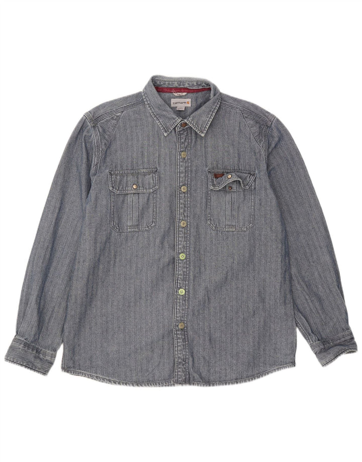 Carhartt Herren-Slim-Fit-Hemd, groß, blaue Fischgräten-Baumwolle