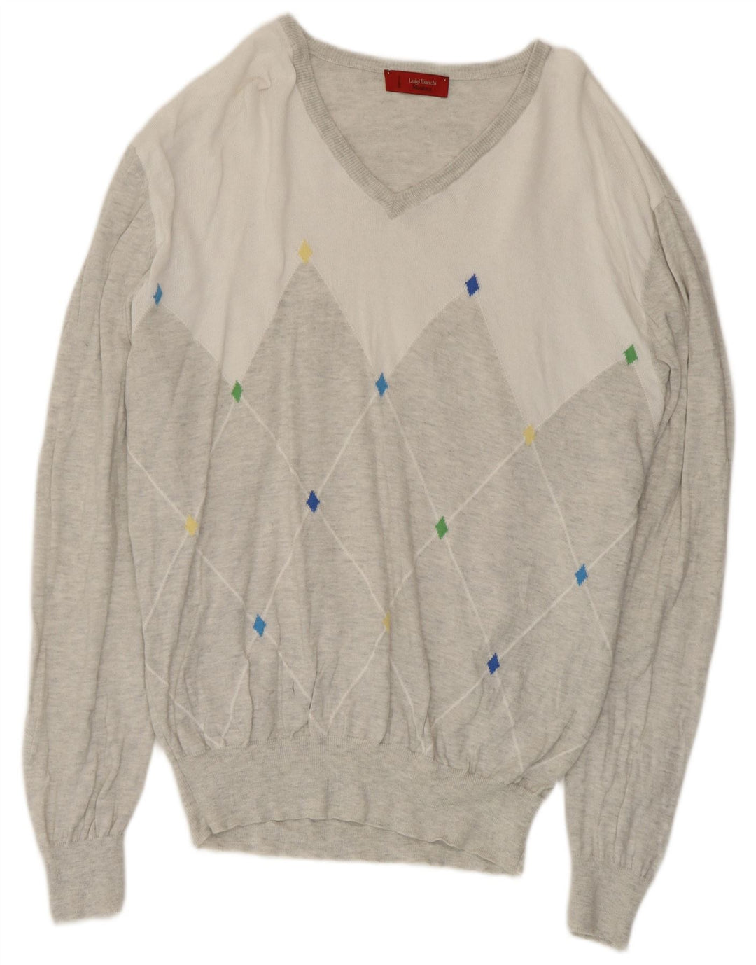 Luigi Bianchi Herren-Pullover mit V-Ausschnitt, mittelgraue Argyle-/Diamant-Baumwolle