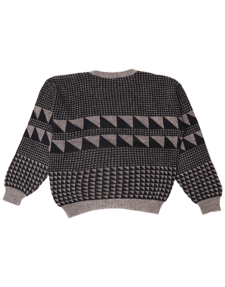 Vintage Herren Pullover mit Rundhalsausschnitt, groß, grau, geometrisch