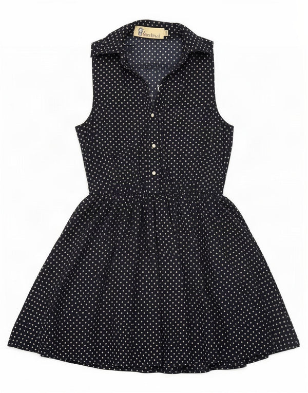 Vintage Damen Ärmelloses A-Linien-Kleid UK 10 Small Navy Blue Spotted