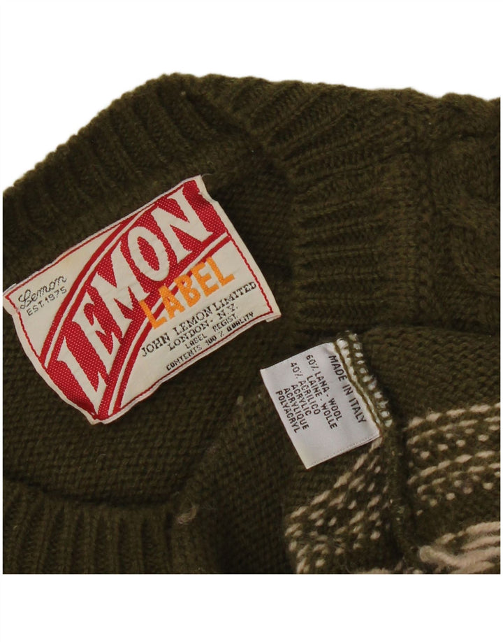 Lemon Herren-Pullover mit Rundhalsausschnitt, XL, Khaki, Fair-Isle-Wolle