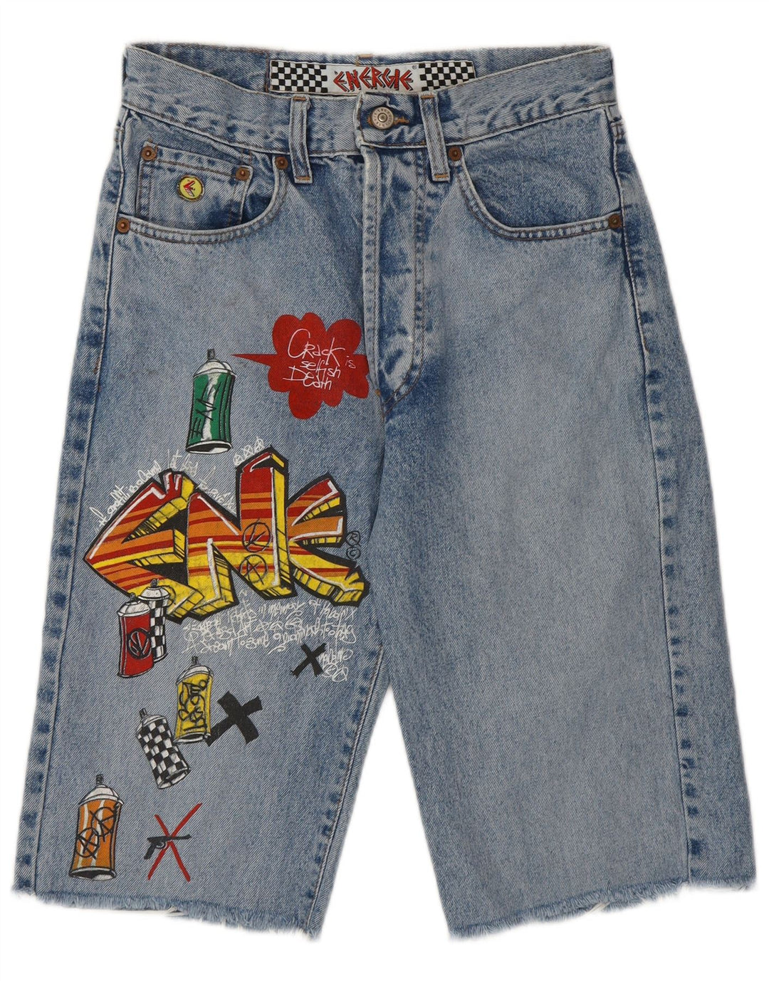 Energie Damen-Bermuda-Jeansshorts mit Graffiti-Grafik, W28, Mittelblau