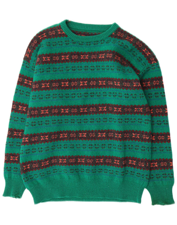 Vintage Herren-Pullover mit Rundhalsausschnitt, groß, grüne Fair-Isle-Wolle