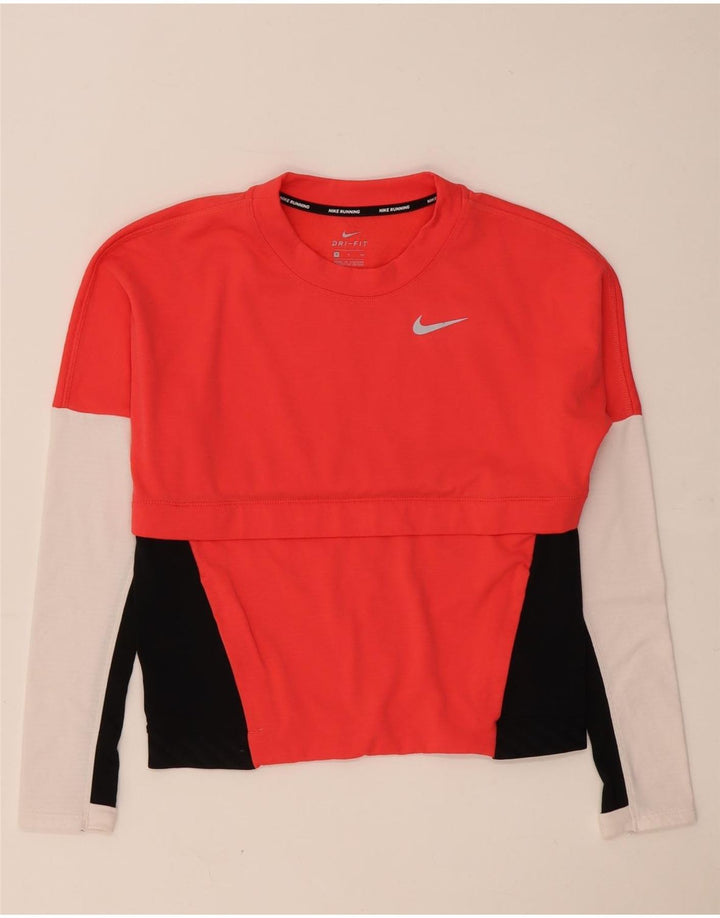 Nike Damen Dri Fit Übergroßes Top Langarm UK 10 Small Rot Farbblock