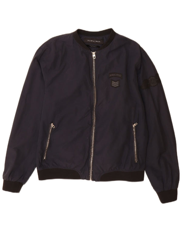 Zara Herren Bomberjacke UK 42 XL Marineblau Colourblock Baumwolle